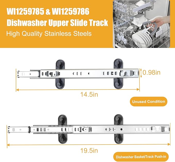W11259786 W11259785 Dishwasher Dishrack Slide Track (Left & Right) - Compatible With Whirlpool KitchenAid Maytag Jenn-Air Dishwasher - Replaces PS12584377 PS12584377 AP6783993 AP6783993 KDTE204EPA2