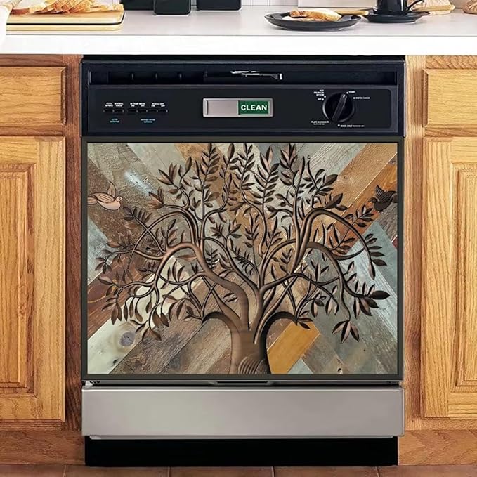 Stainless Steel Tree of Life Dishwasher Cover for Front, Wooden Door Refrigerator Cover Skin Decor, Birds Dishwasher Panel Decal, Ordinary 23" x 17"