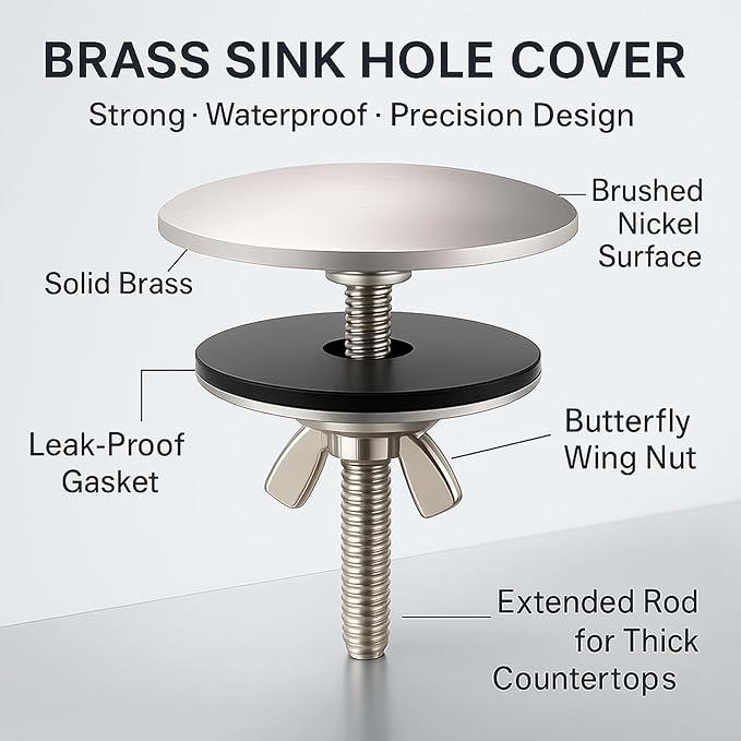 2 Pcs Solid Brass Kitchen Sink Hole Cover, 2 Inch Faucet Hole Cover, Brushed Nickel Finish Tap Hole Plate Stopper Cover, Countertop Hole Cover for Kitchen and Bathroom Sinks (Brushed Nickel)