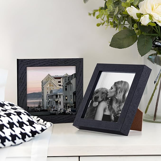 Fun Memories 4x4 Picture Frame, Solid White Oak Wood Frame 4 by 4, 4 x 4 Square Photo Frame with Tempered Real Glass, Rustic Wooden Frame 4"x4" for Wall & Tabletop Display, Black Color, Set of 2