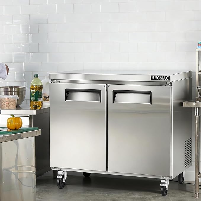 HECMAC 36" Commercial Freezer, 9.68 Cu.ft Worktop Undercounter Fridge with 2 Solid Door, -8~0℉, 18-8 Stainless Steel Interior, ETL&NSF/ANSI 7 for Restaurant, Bar, Shop, Kitchen Use