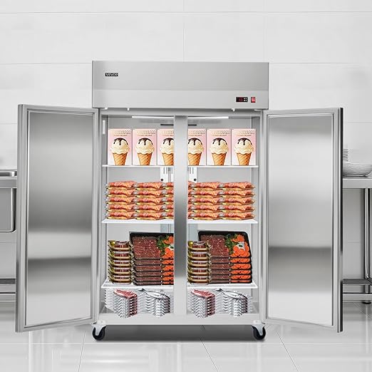 VEVOR Commercial Reach-In Freezer 48" W, 33 Cu.Ft Stainless Steel Upright Freezer with Double Glass Doors, Auto-Defrost, 6 Adjustable Shelves, -11 to 14℉ Temp Control, UL Certified