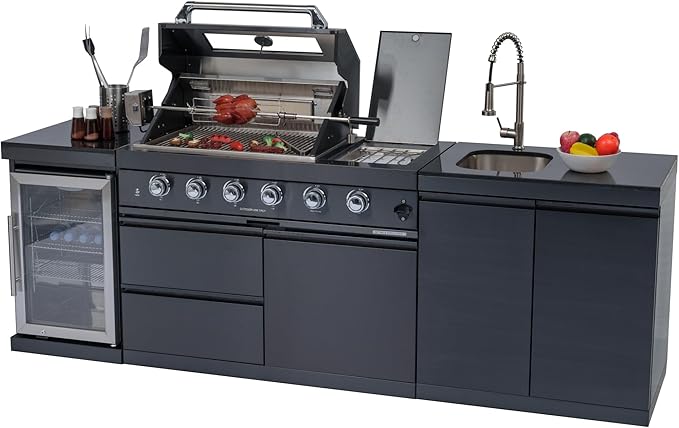 98-Inch Modular Natural Gas Outdoor Kitchen Island with Grill, All-in-One Patio Cooking Station with BBQ Grill, Refrigerator, Sink & Storage