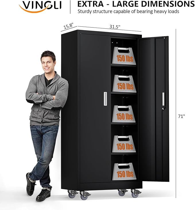VINGLI Rolling Metal Storage Cabinet with Adjustable Shelves, 71'' Tall Garage Storage Cabinet with Wheels, Locking Tool Cabinets for Home Office Garage Gym School (Black)