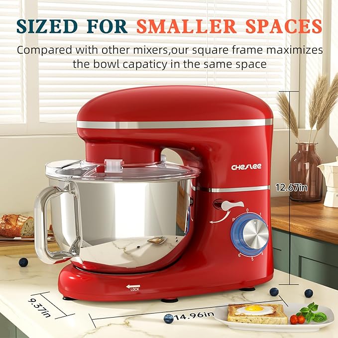 CHeflee Stand Mixer,660W 6+P With 6.5QT Stainless Steel Bowl,Dough Hook, Wire Whip & Beater,for Most Home Cooks (Red)