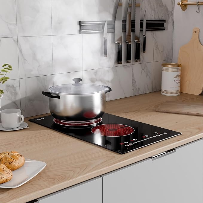 12-In. Electric Cooktop in Black Glass with Dual-Zone Control, Radiant Heating, and Ceramic Hobs for Precision Cooking