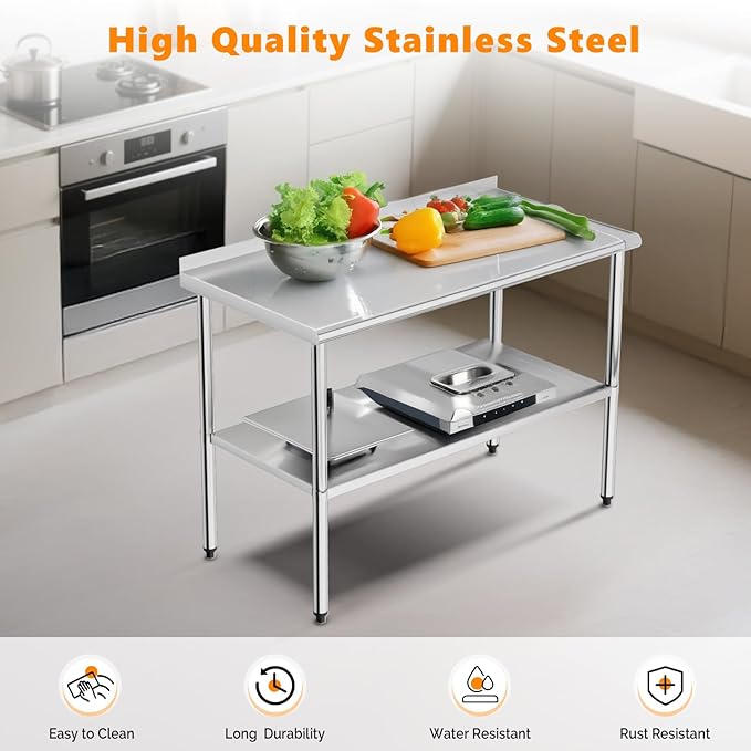 ROVSUN 60'' x 24'' Stainless Steel Table for Prep & Work,Commercial Worktables & Workstations, NSF Heavy Duty Metal Table with Adjustable UnderShelf & Backsplash for Kitchen,Restaurant,Home,Hotel