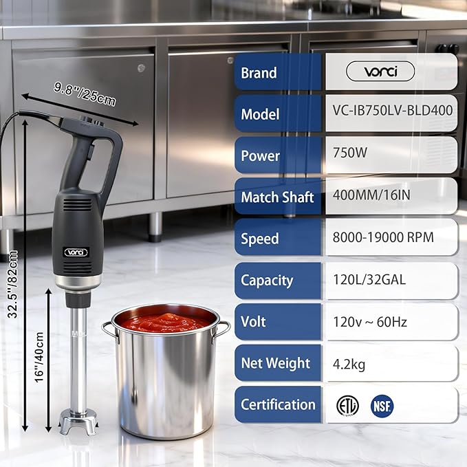 VONCI 750W Commercial Immersion Blender, Electric Hand Blender with 16" Detachable Shaft, Variable Speed 8000-19000RPM,Industrial Immersion Blender for Restaurant Kitchen.Extra Heavy Duty Hand Mixer.