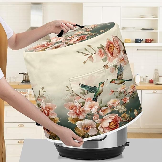 Xoenoiee Hummingbird Vintage Floral Print Kitchen Appliance Dust Cover with Pockets, Electric Pressure Cooker Cover Compatible with Crock Pot, Rice Cooker Cover, for 6 Qt Pot