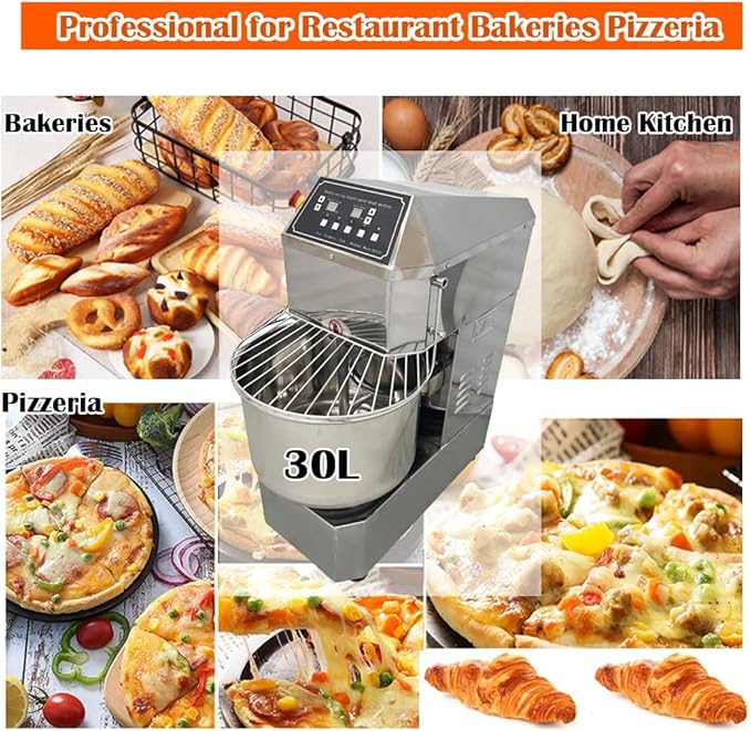 Stand Dough Mixer Double Action Double Speed Dough Kneading Machine, Frequency Conversion Stand Food Mixer with 3 Modes for Kitchen Restaurant Bakeries Pizzeria(30L)