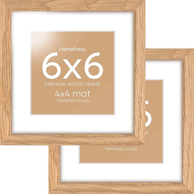 Homeforia 6x6 Picture Frames Wood, High-End Natural Oak 6 x 6 Square Frames with Mat 4 by 4 inch Photo, 6by6 Light Wooden Frames Matted to 4x4 Print, Tabletop Frame, Tempered Glass, Wall Kit, Set of 2
