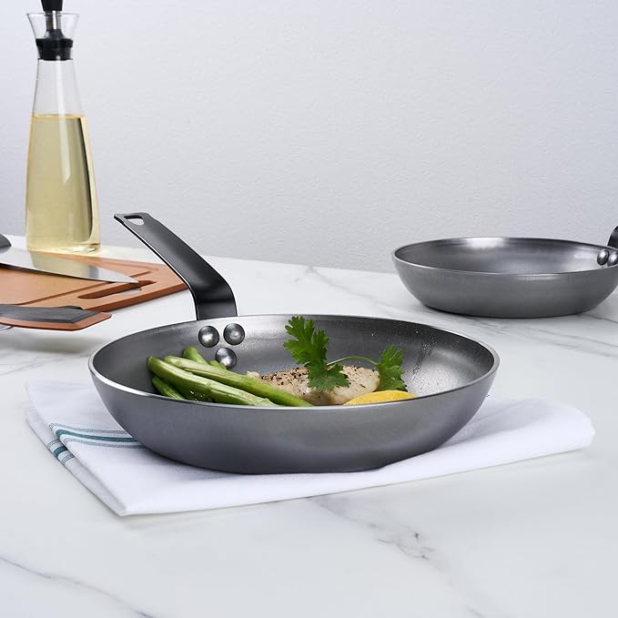 Restaurantware Met Lux 9.5 Inch Fry Pans, 6 No-Stick Frying Pans - Induction-Ready, Triple-Riveted, Silver Carbon Steel Cooking Skillets, Durable, For Searing, Sauteing, And Browning Food