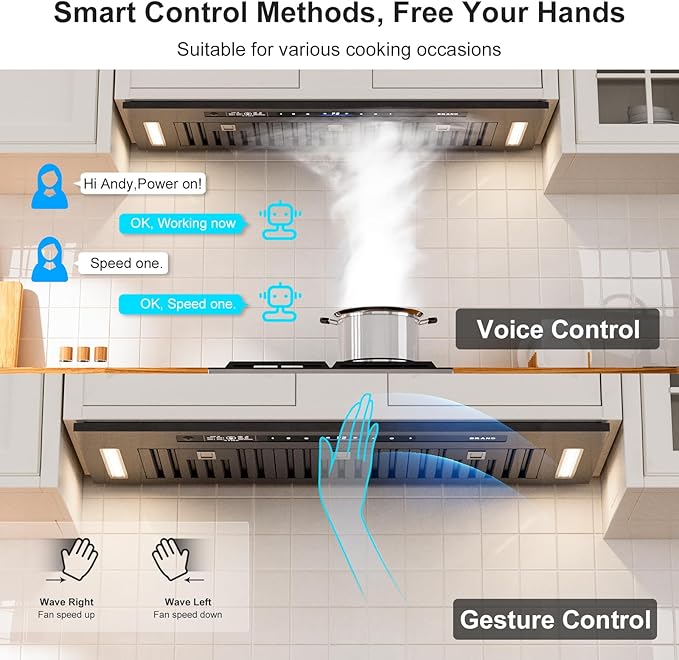 BRANO Range Hood Insert 36 Inch, 900 CFM Voice/Gesture/Touch Control Build-in Kitchen Hood Vent with 4 Speed Exhaust Fan, Memory Mode, Adjustable Lights, Ducted/Ductless Convertible