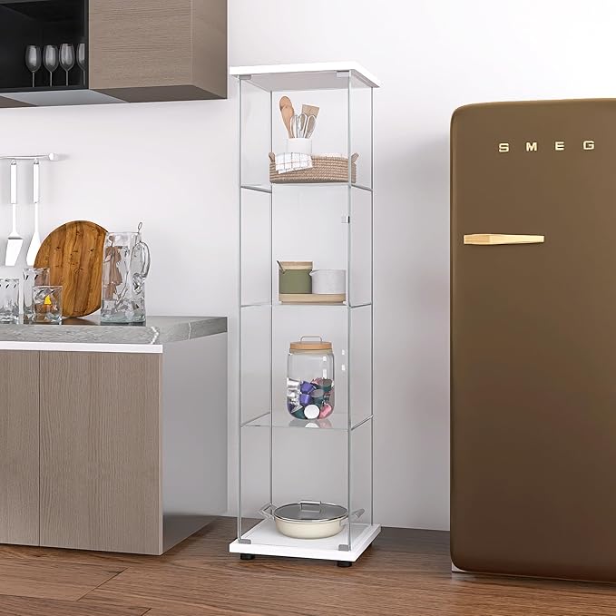 Yoluckea 4 Shelves Glass Display Cabinet with Door,Floor Standing Clear Glass Curio Cabinet Collection Display Case for Living Room Bedroom 64”x17”x14.5” White