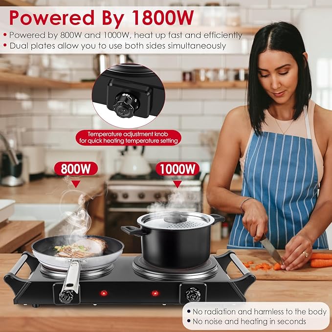 1800W Electric Double Burner, Portable Electric Stove, Hot Plate Countertop with Adjustable Temperature & Stay Cool Handles for RV Camping Home Dorm