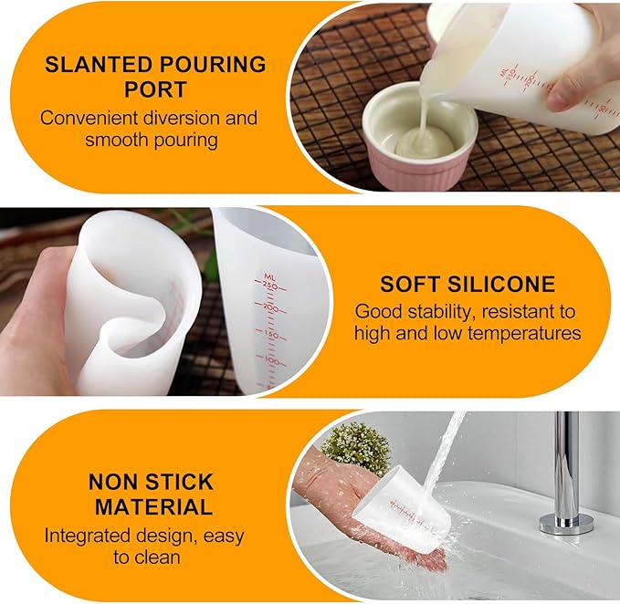 3 PCS Silicone Measuring Cups Flexible Chocolate Melting Cup for Epoxy Resin Butter Chocolate and More Squeeze and Pour Baking Cups with Marking Ounce/ML
