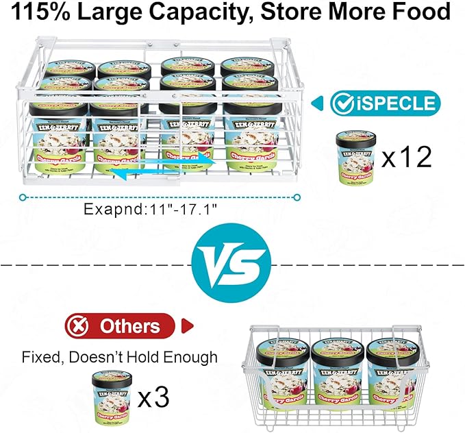 iSPECLE 4 Pack Freezer Organizer Bins, Adjustable Wire Baskets for 10 to 20 Cu.Ft Chest Freezer, Stackable Storage with Handles, Deep Freeze Organizer for Meat & Vegetables, White