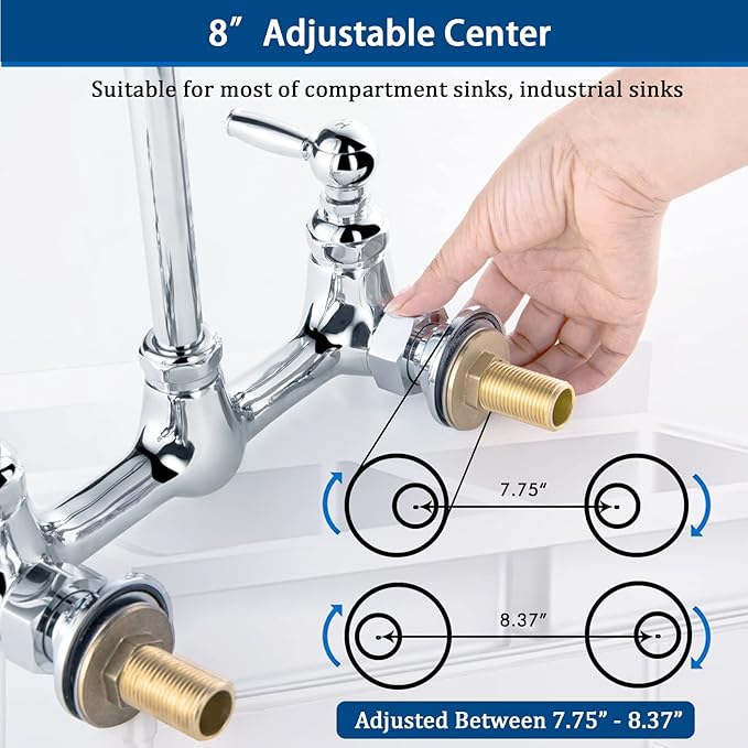 Commercial Sink Faucet with Sprayer with 8 Inch Swivel Spout 8" Center Wall Mount 3 Compartment Sink Faucet 24" Height Pre Rinse for Commercial Restaurant Kitchen, Chrome, Solid Brass