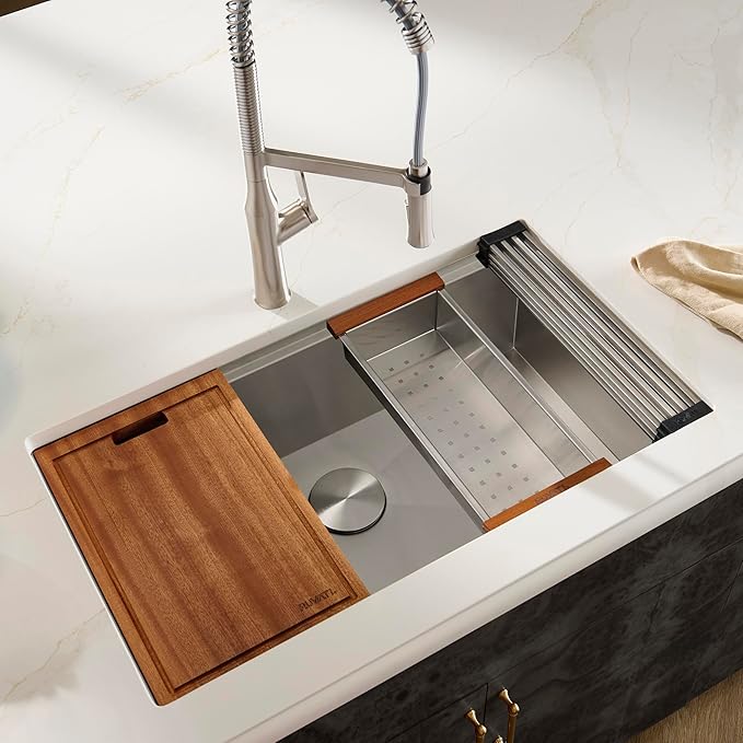 Ruvati 28-inch Undermount 16 Gauge Stainless Steel Workstation Kitchen Sink Single Bowl – Soundproof Multifunction Chef Sink with Cutting Board & Accessories, Brushed Finish Hides Scratches – RVH8309