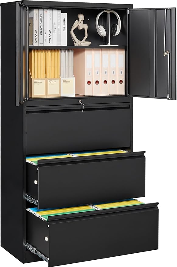 SISESOL 3 Drawer Lateral File Cabinet with Lock and Shelf,Black Metal Filling Cabinet with Drawers and Shelf, Locking File Storage Cabinets with Doors and Shelves for Home,Office,Garage,School