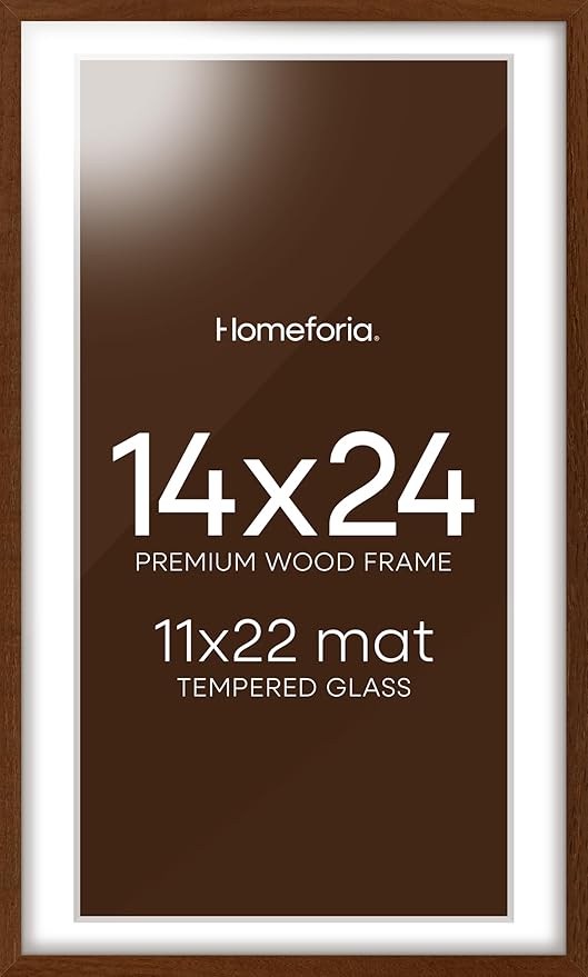 Homeforia 14x24 Picture Frame Brown, High End Dark Oak 14x24 Poster Wood Frame with Mat 11x22 for Photo, 14 x 24 Wooden Walnut Frame Matted to 11 x 22, 24x14 Frames, Tempered Glass, Wall Kit, Set of 1