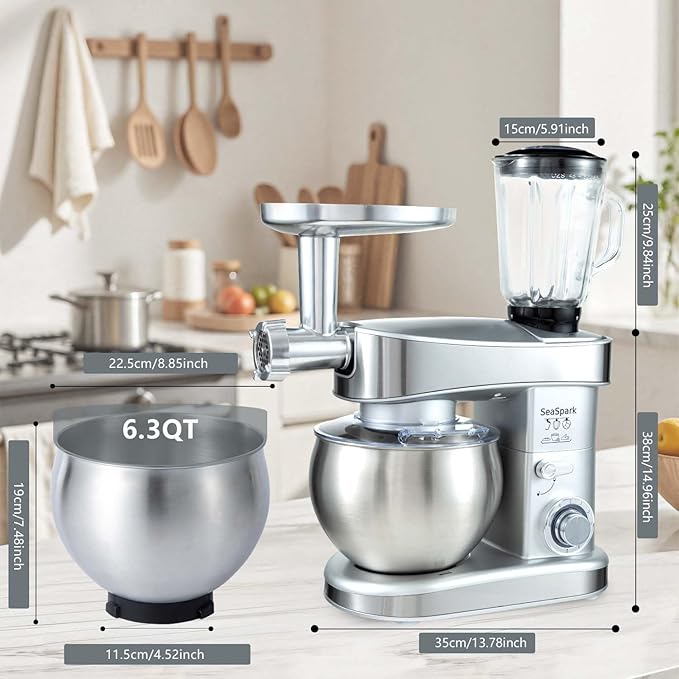 Multifunctional Stand Mixer, 6 in 1 Stand Mixer, 6.3Qt Tilt-head, Standing Mixer with Stainless Steel Bowl, Meat Grinder, Juice Blender, for professional Baking and Most Home Cooks, Silver