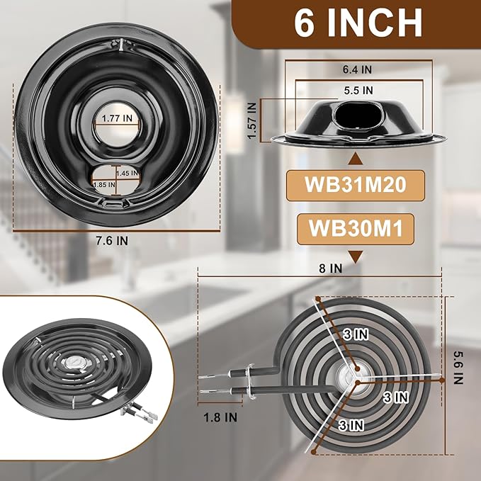 WB31M20(6") WB31M19(8") Porcelain Drip Pan Set & WB30M2(8") WB30M1(6") Electric Range Burner Element Unit Set by Cenipar-Compatible with GE Hotpoint Kenmore Range/Stove-Includes 3×6” and 1×8”