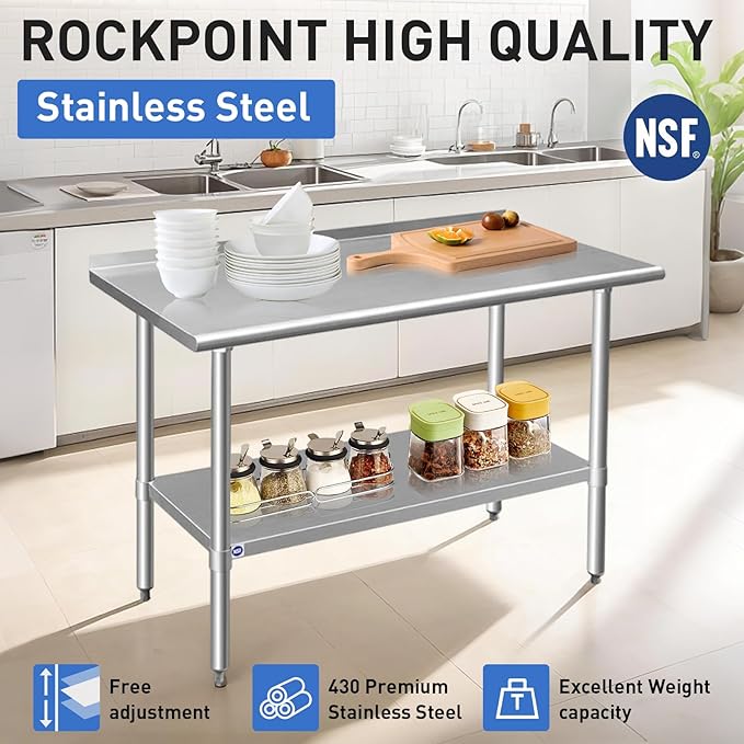 ROCKPOINT Stainless Steel Table for Prep & Work with Backsplash 24x60 Inches, NSF Metal Commercial Kitchen Heavy Duty Table with Adjustable Under Shelf and Table Foot for Restaurant, Home and Hotel