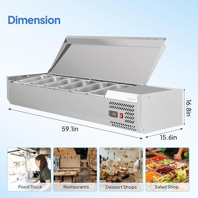 ROVSUN Refrigerated Condiment Prep Station, 59" Sandwich Prep Table ETL NSF, 34.2QT Salad Bar Prep Rail w/Auto Defrost, Temp Control, Stainless Steel Cover & 6 * 1/3 Pan for Restaurant Food Truck