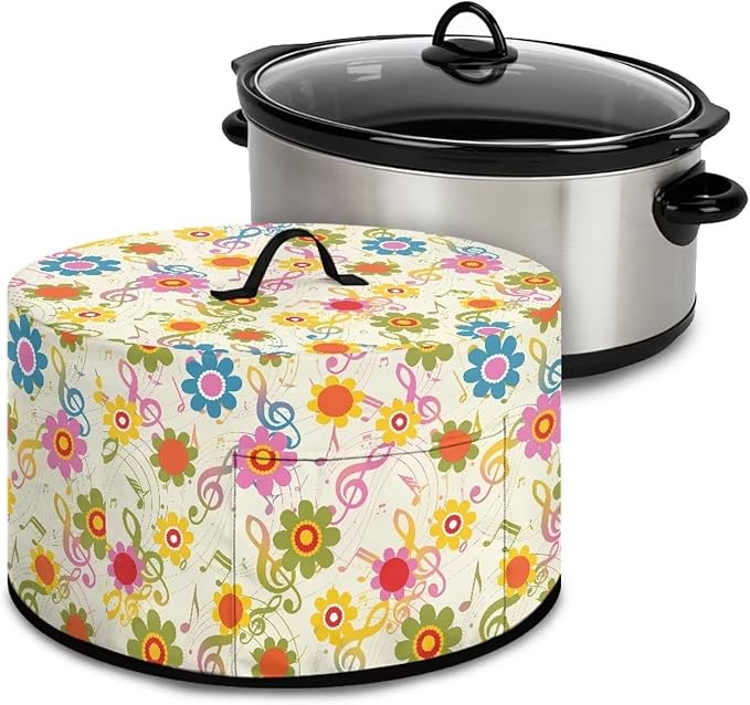 Colorful Sunflower Musical Note Print Slow Cooker Dust Cover Protective with Accessory Pocket Stain Resistant Slow Cooker Cover Easy to Clean Fits for Most 6/7/8 Quart Crock Pot