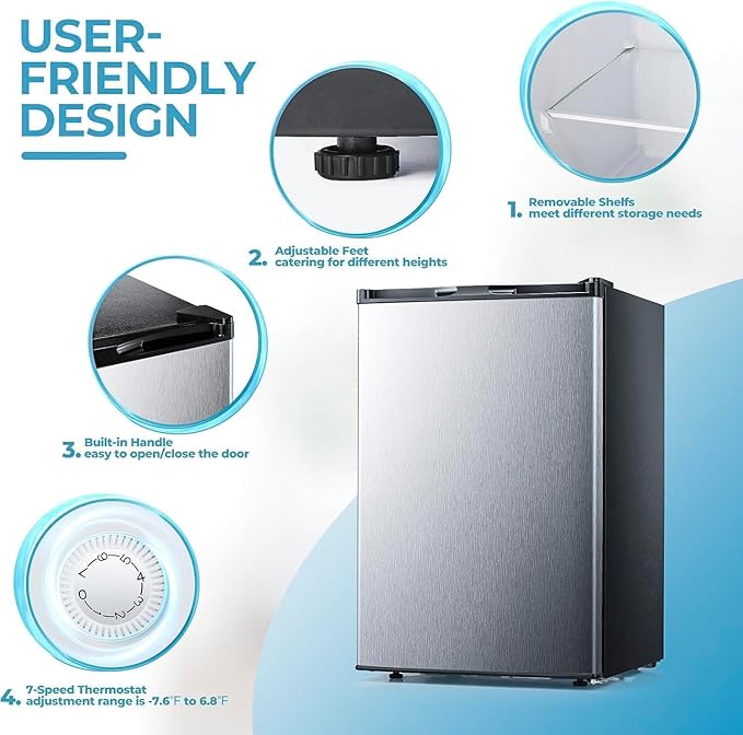 3.0 Cu.ft Small Freezer, Mini Upright Freezer with 7 Adjustable Thermostat, Removable Shelves, Reversible Single Door, for Bedroom/Home/Dorms/Apartment (Silver)
