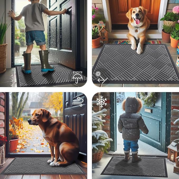 Smiry Front Door Mat Outside Entrance, Heavy Duty Outdoor Indoor Natural Rubber Doormat, Non Slip, Trap Dirt and Moisture, Easy Clean, Low Profile Patio Porch Entryway Mat, 47x32, Grey