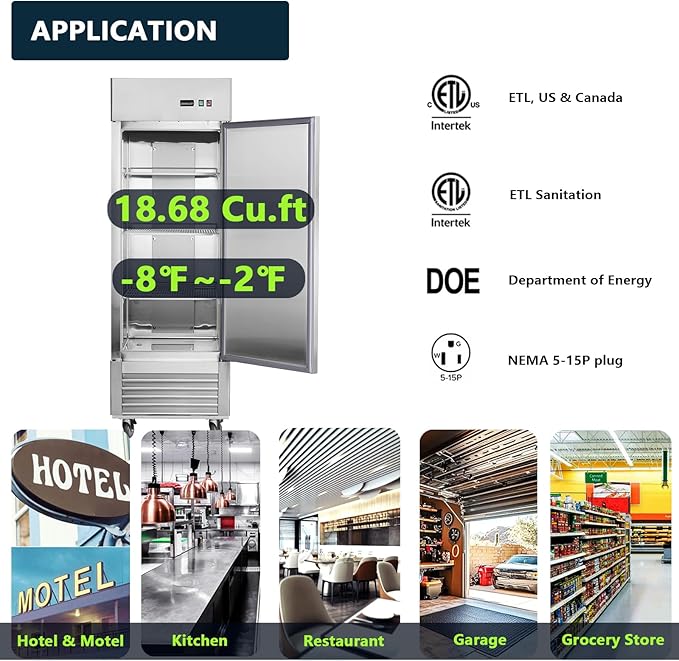 27"W Commercial Freezer Single Solid Door Stainless Steel Reach-in Freezer 18.68 Cu.ft. Upright Fan Cooling Freezer for Restaurant, Bar, Shop, Home, Garage, Business, Kitchen, Residential, ETL & DOE