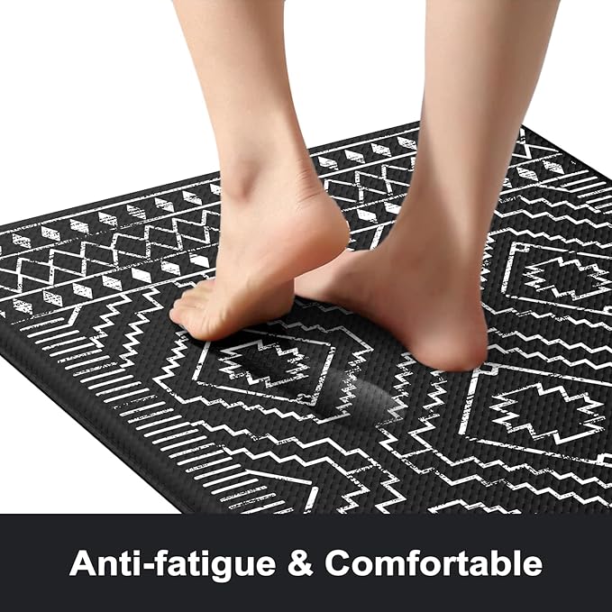 KIMODE Anti Fatigue Kitchen Mat,Black Boho Kitchen Rugs Non Slip Sets of 2,Kitchen mats for Floor Cushioned,Morocco Geometric Memory Foam Cushioned Standing Mats for Sink,Laundry,Office