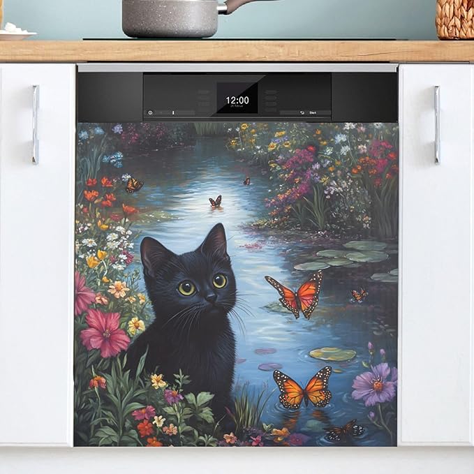 Dishwasher Magnet Cover, Black Cats Flowers Magnet Sticker Fridge Panel Decal for Home Kitchen Decor, 23x26in