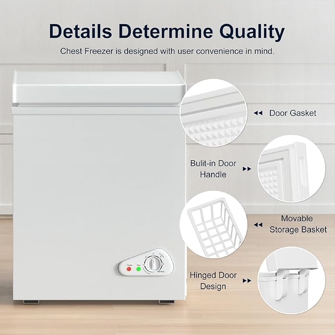 TABU 5.0 Cubic Feet Chest Freezer, Compact Freestanding Deep Freezer with 7 Level Adjustable Thermostat & Removable Basket,Top Opening, Low Noise(White, 5.0 Cu.Ft.)