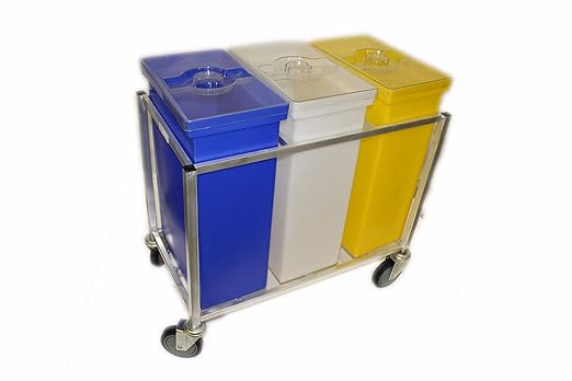 Winholt 148PIB Ingredient Bin, Triple Assembly, 1 White, 1 Yellow & 1 Blue Bin, 3 Clear Covers, Polyethylene, 225 lbs Capacity, Aluminum Frame with 5" Casters