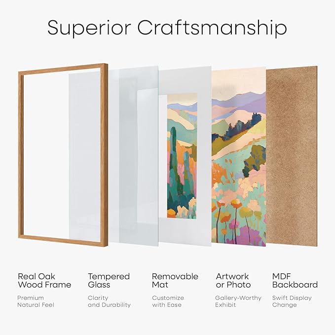 Homeforia 5x7 Picture Frame Wood, High End Natural Oak 5x7 Light Wooden Frames with Mat 4x6 for Photo, 5 x 7 Frame Matted to 4 x 6 Print, 7x5 Wall or Tabletop Frame, Tempered Glass, Wall Kit, Set of 2