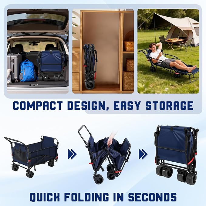 LEVELEVE Heavy Duty Folding Wagon - 2-in-1 Collapsible Cart, 650lb Capacity, All-Terrain Wheels w/Brakes & Side Pockets (Blue)