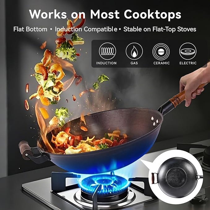 WANGYUANJI Cast Iron Wok Pan with Lid (12.6 Inch) - Handcrafted Flat Bottom Chinese Stir Fry Skillet for Induction, Electric & Gas - Walnut Wood Handle, No Coating