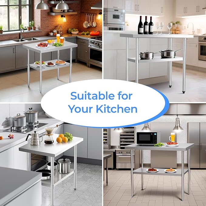 NUUK Stainless Steel Work Table 24" x 36", Commercial Kitchen Food Prep Table with Adjustable Height, Metal Countertop Utility Worktable for Restaurant, Home and Hotel