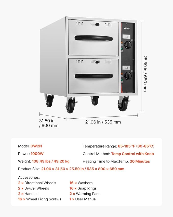 VEVOR Commercial Electric Drawer Warmer,2 Full-Size Pan Stainless Steel Food Warmer,Freestanding Standard Warming Drawer Cabinet,85°F–185°F Wide Temperature Range,for Restaurant, Hotel Buffet & Bakery
