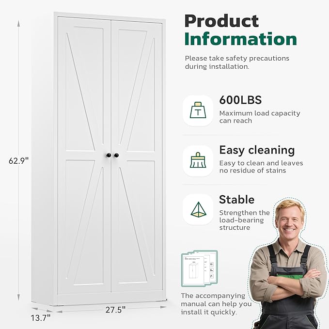 Greenvelly Metal Cabinet, 63" H White Metal Storage Cabinet with Doors and 4 Shelves, Pantry Storage Cabinet for Kitchen, Bedroom, Living Room, Office (Farmhouse)