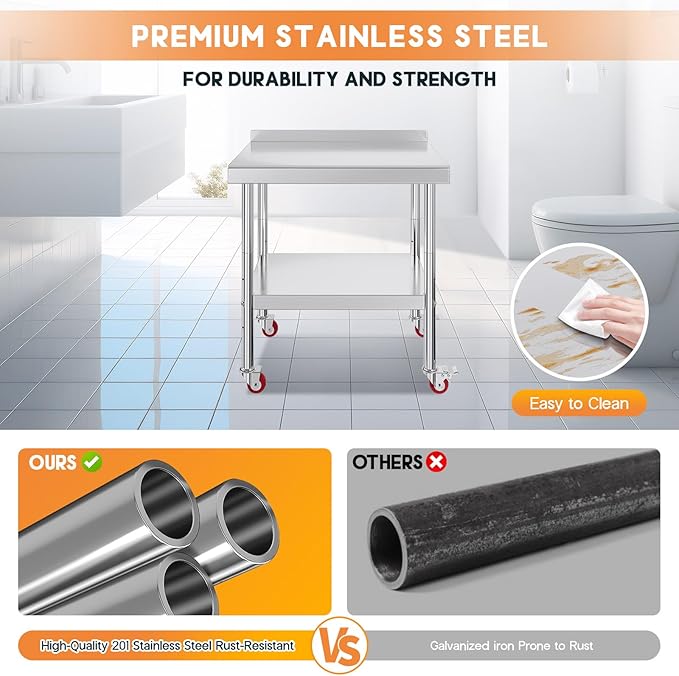 Jocisland 24" x 36" Stainless Steel Table for Prep & Work with Backsplash and Wheels, Adjustable Under Shelf & Safe Design for Restaurant, Home, Outdoor