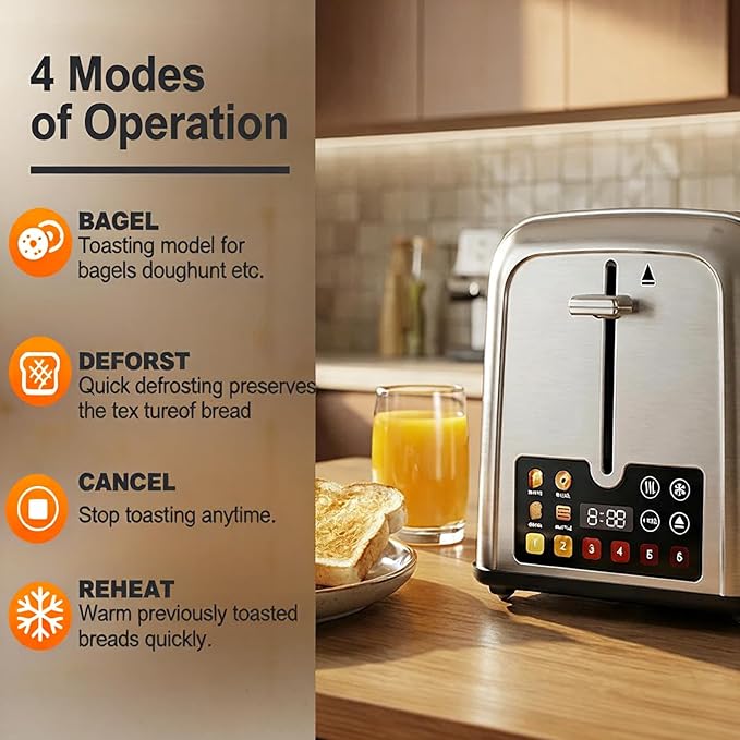 Touch Screen Toaster 2 Slice Retro Stainless Steel,Best Prime 2 Slice Toaster Wide Solt with 6 Shade Settings, Perfect for Waffles, Bagels and More 238TCB(Two slice)
