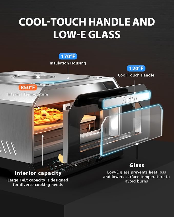 Indoor Pizza Oven, Makes 12 Inch Pizzas in 90 Seconds, Heats up to 850°F Countertop Pizza Oven, 6 Touchscreen Presets Electric Pizza Oven for Kitchen, Baking Tray & Pizza Stone Peel Included-Silver