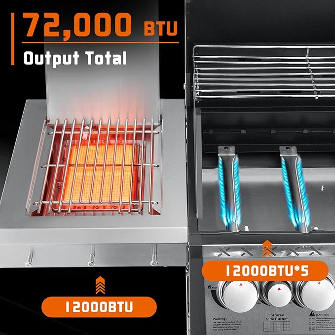 SKOK 5+1 Burners Infrared Grill, Gas Grill with Cast Iron Grates, Outdoor Barbecue Grill 72,000 BTU Output