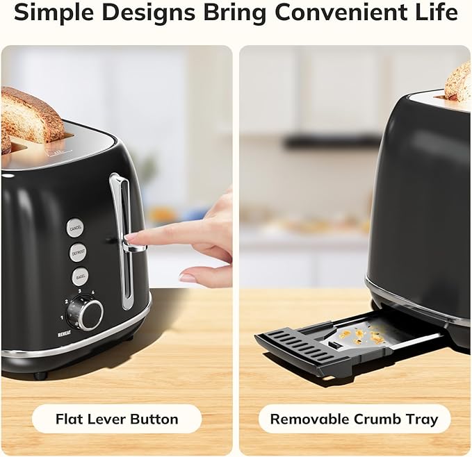 2 Slice Retro Stainless Steel Toaster with Bagel, Cancel, Defrost Function and 6 Bread Shade Settings Bread Toaster, Extra Wide Slot and Removable Crumb Tray (Black)