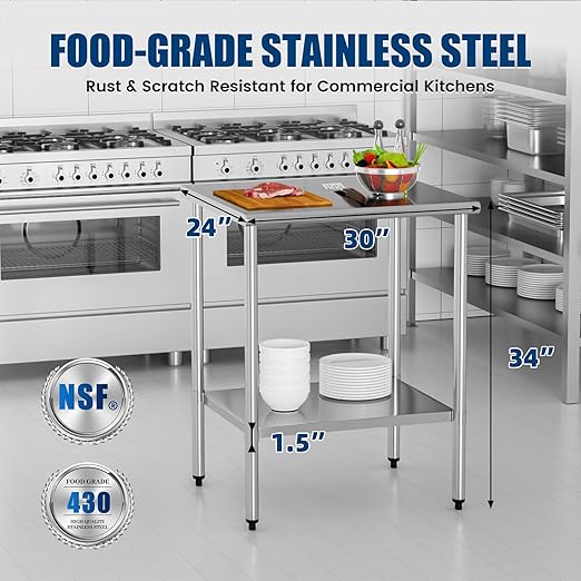Stainless Steel Work Table 24 x 30 Inch with Adjustable Undershelf, Heavy-Duty Metal Prep Table for Commercial Kitchen & Restaurant, Garage, Outdoor