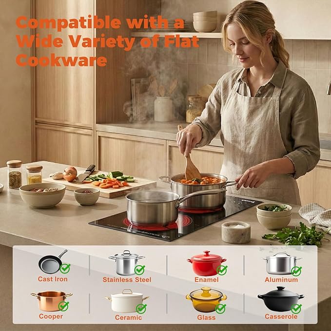 2 Burner Electric Cooktop, 12 Inch Built-in Ceramic Cooktop, 120v Plug in Electric Stove Top Burner with Child Lock, Timer, Sensor Touch Control, Over-Temperature Protection
